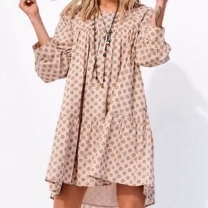 Happy X Nature Luna Dress Tiered Oversized 100% Cotton Polka Dot Tan Beige Sz L